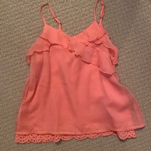 Flowy Abercrombie kids tank, ruffle and lace detailing, coral sz 7/8, NWT